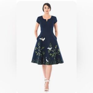 eShakti Bird Embellished Poplin-  Dress Wayward Francis Midnight Blue